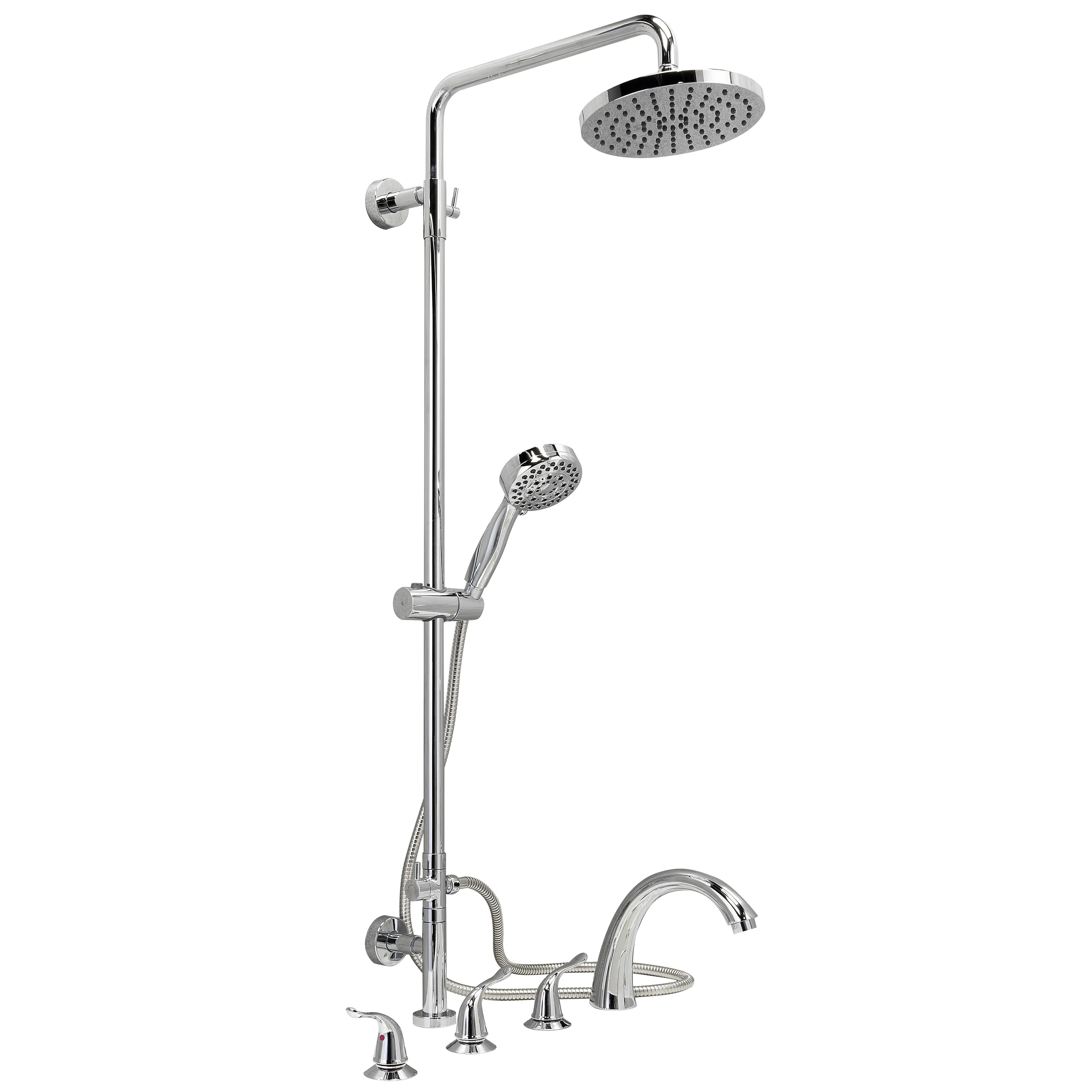 Chrome rain shower system with handheld wand and deck-mount faucet