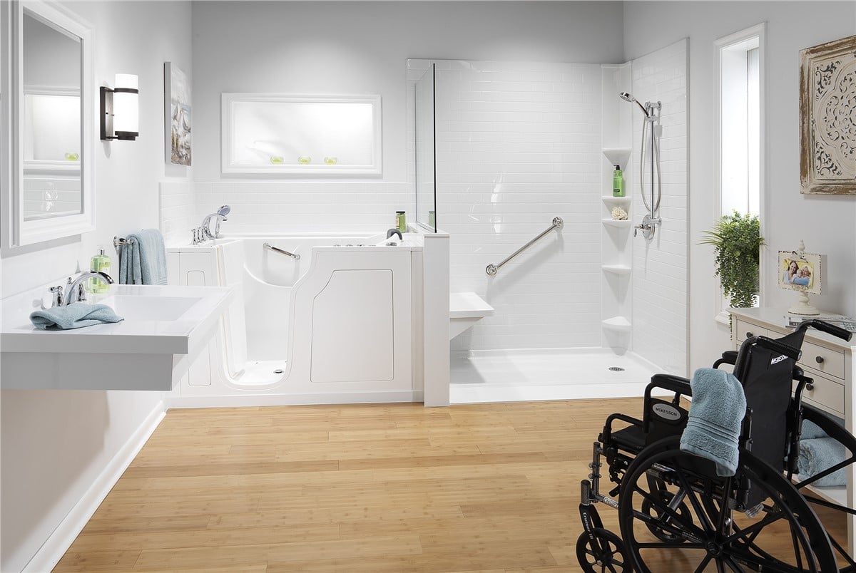 Accessible bathroom with walk-in tub and barrier-free shower by Bath Planet of Metro NY