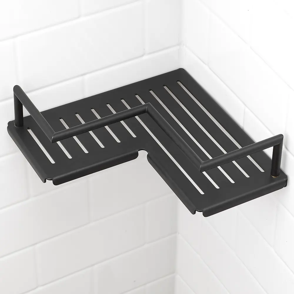 Matte black metal corner shelf on white subway tile