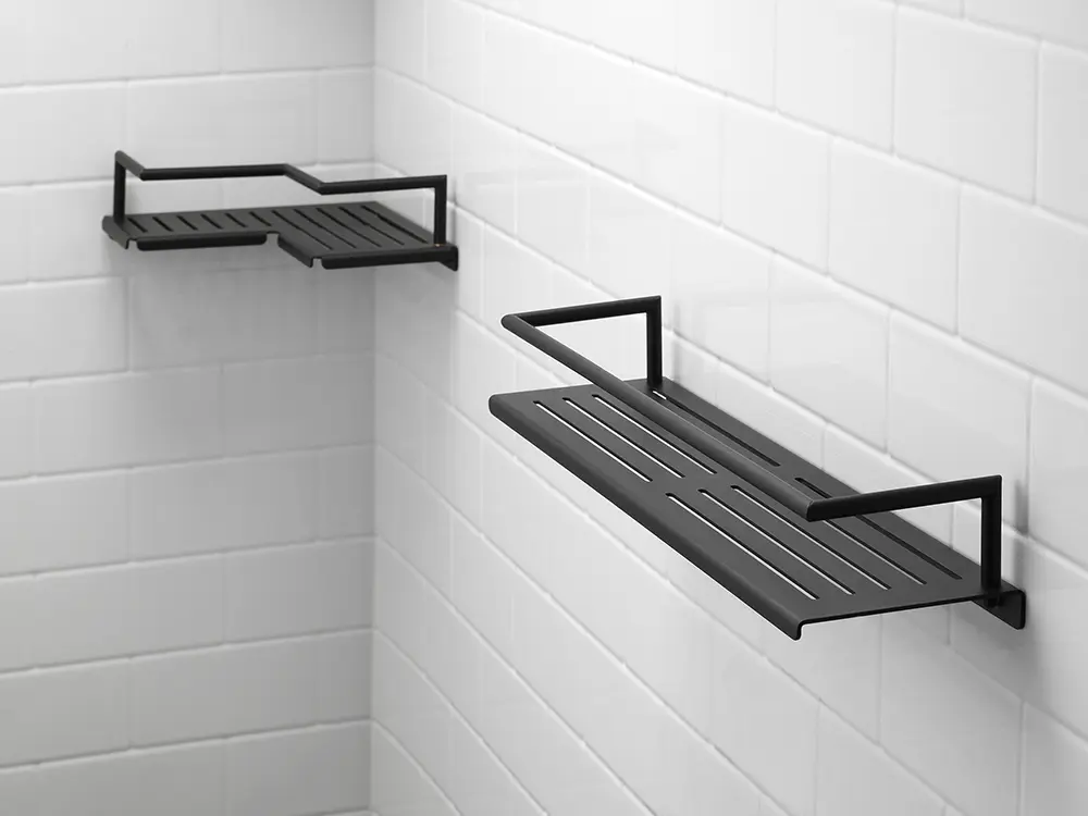 Matte black corner and rectangular metal shower shelves