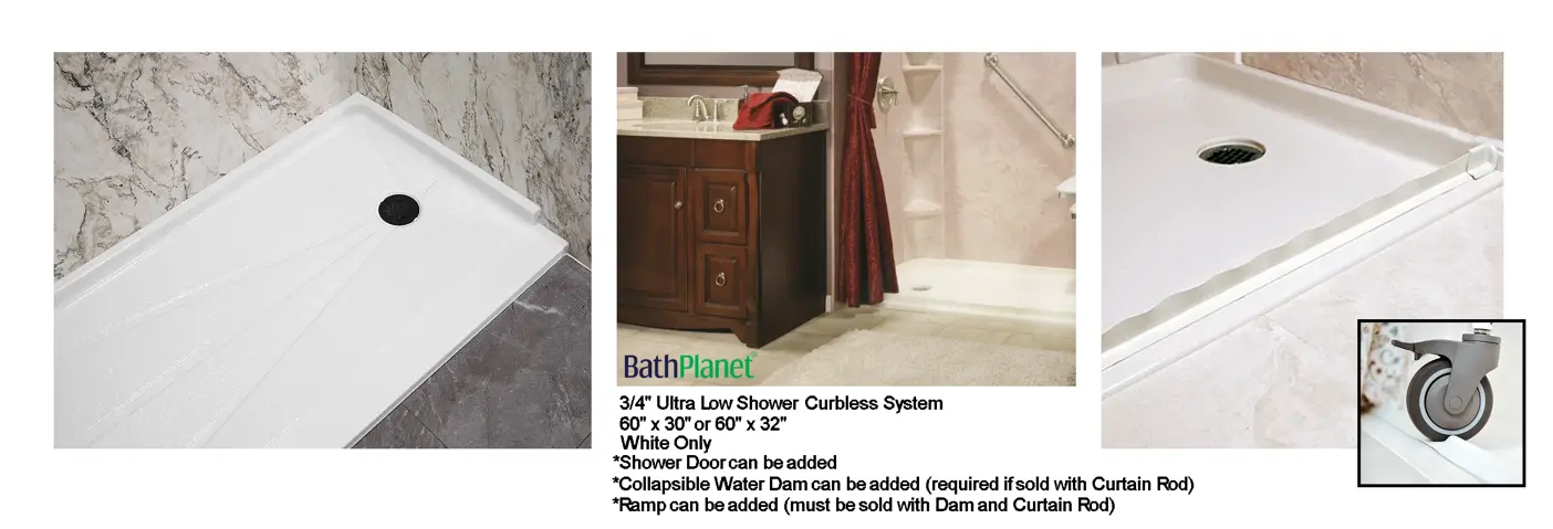 Three views of the 3/4 inch ultra low curbless shower system showing different installation styles and optional caster wheels