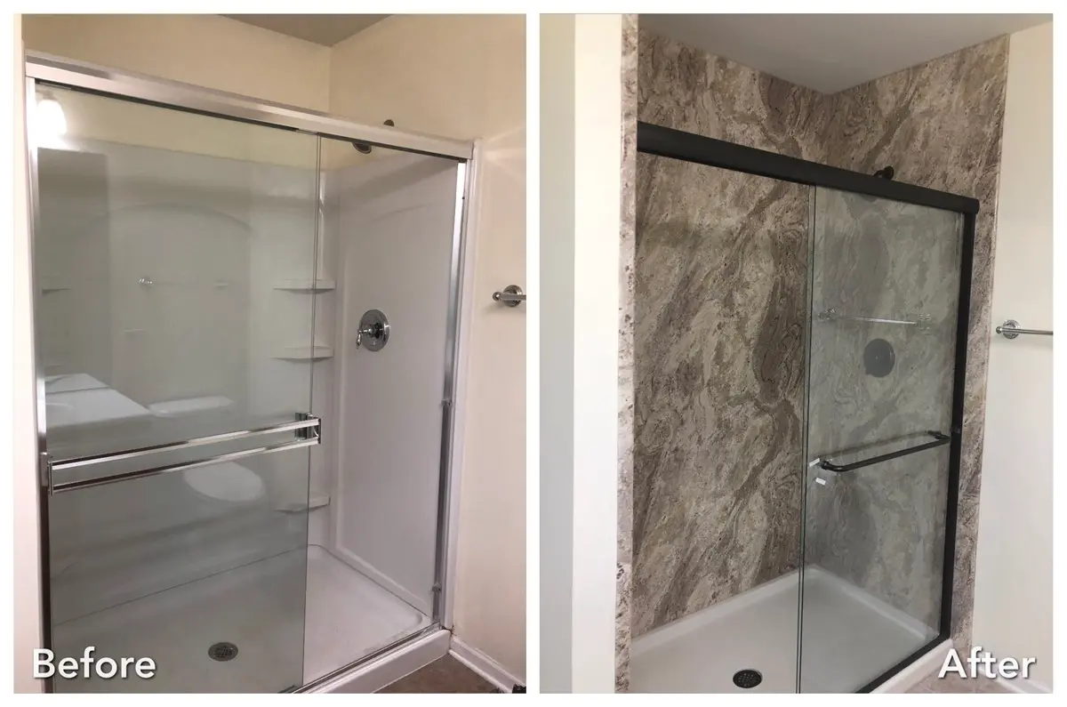 Stone shower wall remodel in Glen Cove, Nassau County — before and after