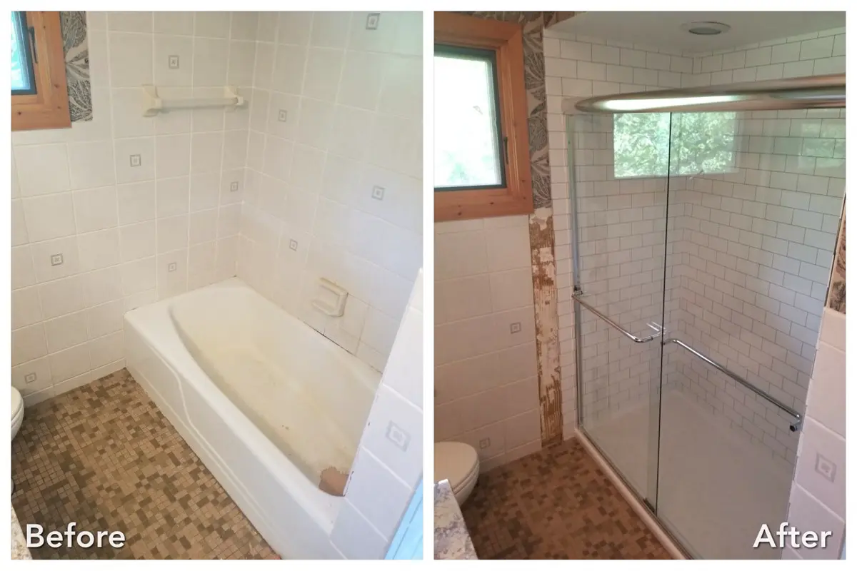 Modern shower conversion in Islip, Suffolk County — before and after