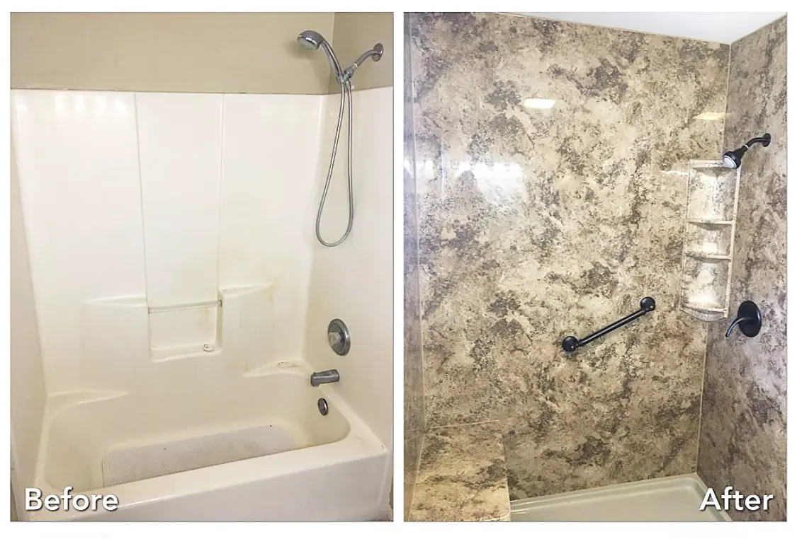 Glass door shower upgrade in Smithtown, Suffolk County — before and after