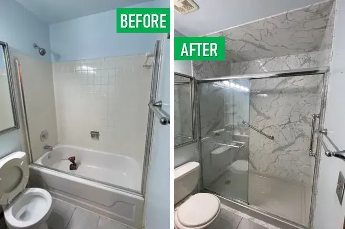 Blue tile tub replaced with marble shower and glass doors in Nassau County — before and after