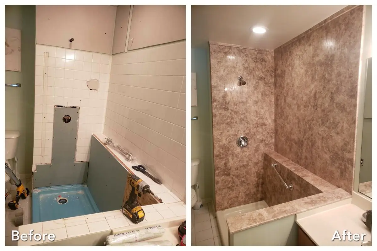 Demolished blue tub rebuilt into stone tub surround — before and after
