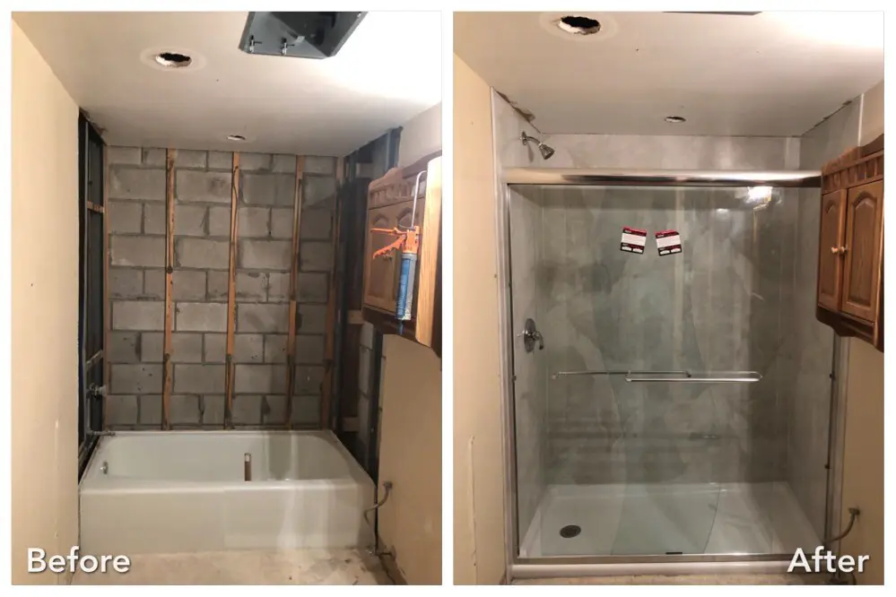 Exposed walls rebuilt into glass-enclosed shower in Suffolk County — before and after