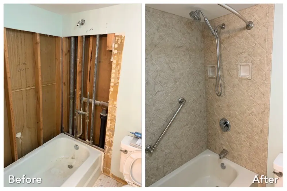 Exposed pipes and studs rebuilt into stone-look tub surround — before and after