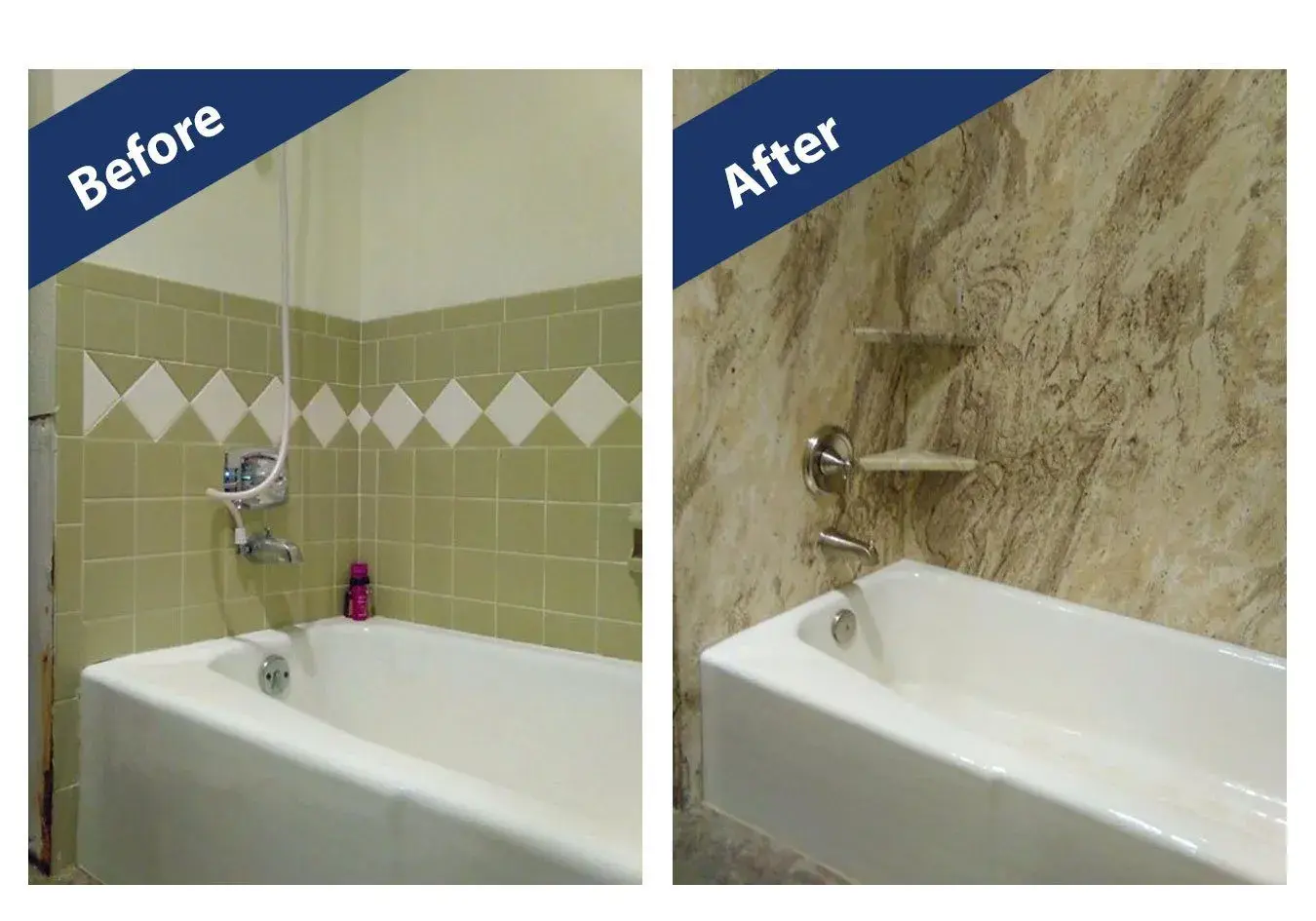 Green tile bathtub upgraded to marble surround in Nassau County — before and after