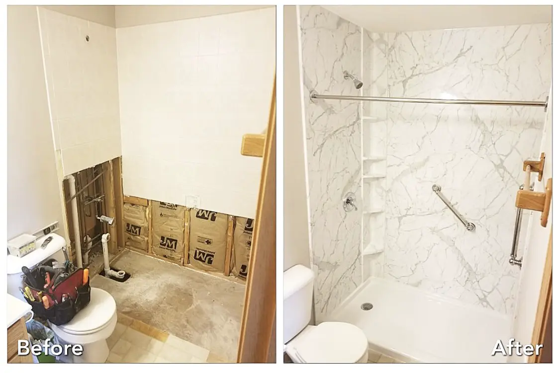 Gutted bathroom with insulation rebuilt into marble walk-in shower — before and after