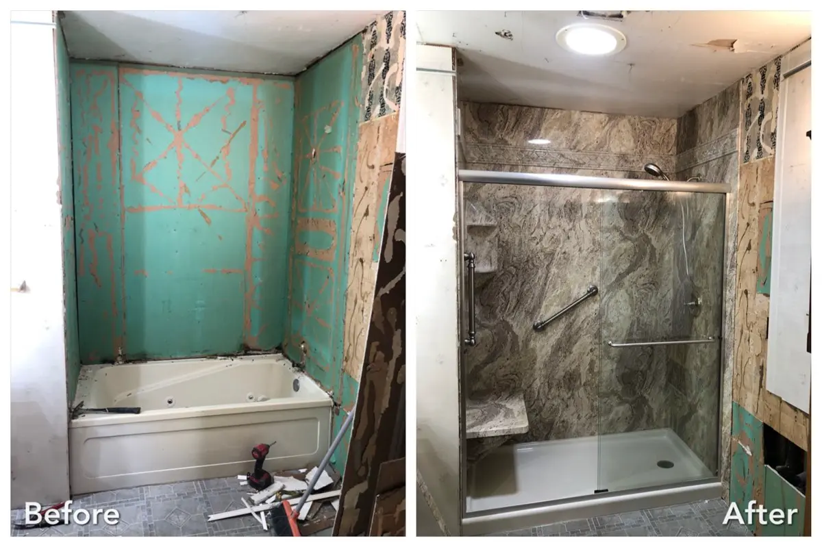 Gutted green drywall rebuilt into stone glass-door shower — before and after