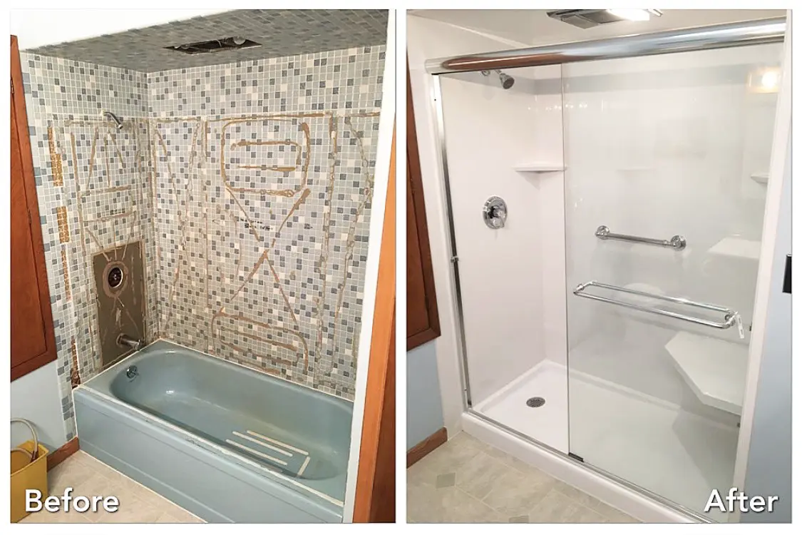 Blue mosaic tub demolished and rebuilt into glass shower with bench — before and after