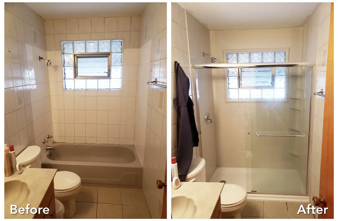 Tile tub with glass block window converted to glass door shower — before and after