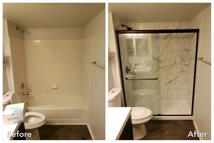 Plain tub converted to marble shower with black-framed glass doors — before and after