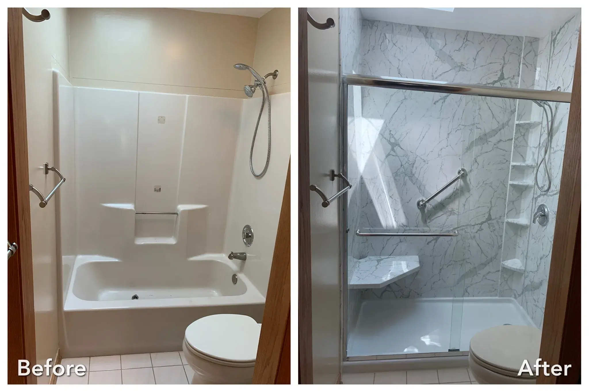 Bathtub converted to marble shower with bench seat in Suffolk County — before and after