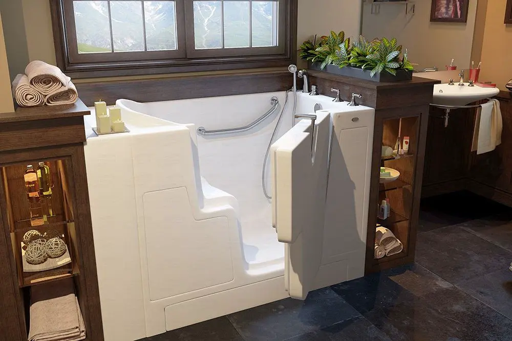White walk-in bathtub with open door for easy accessibility