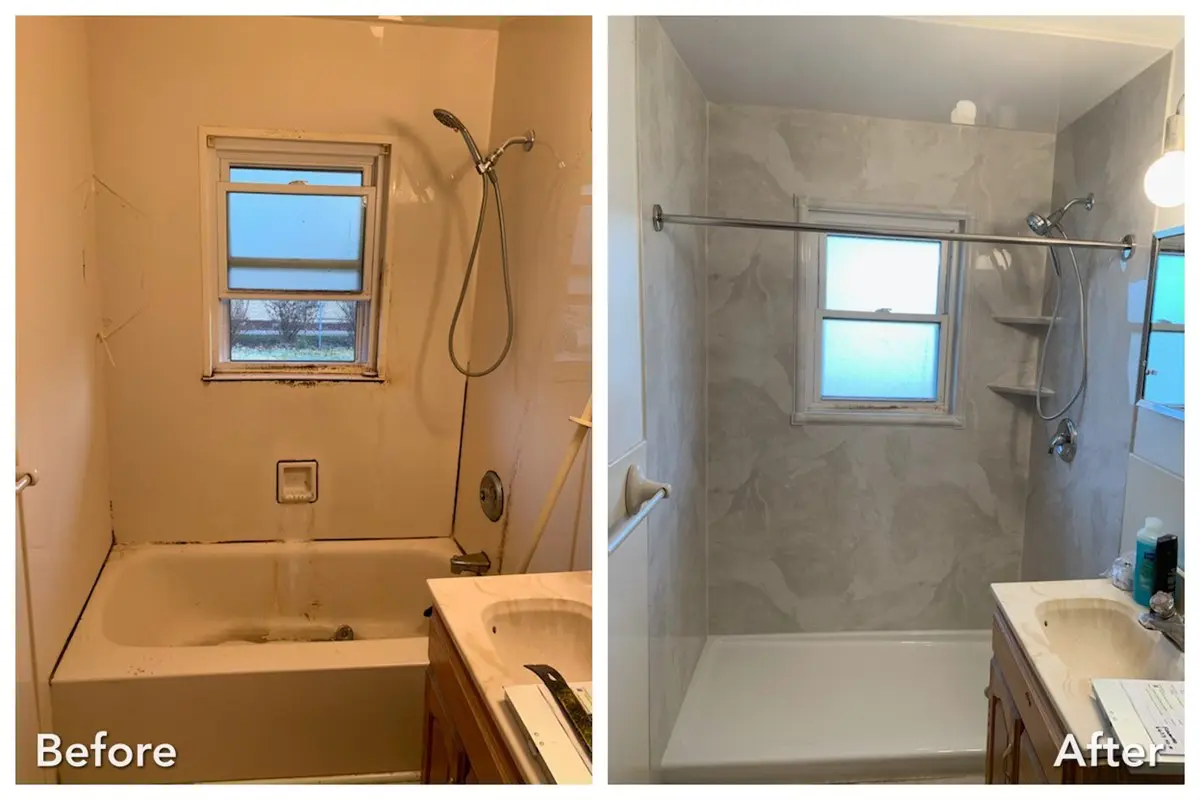 Damaged bathtub replaced with modern stone-look shower in Suffolk County — before and after