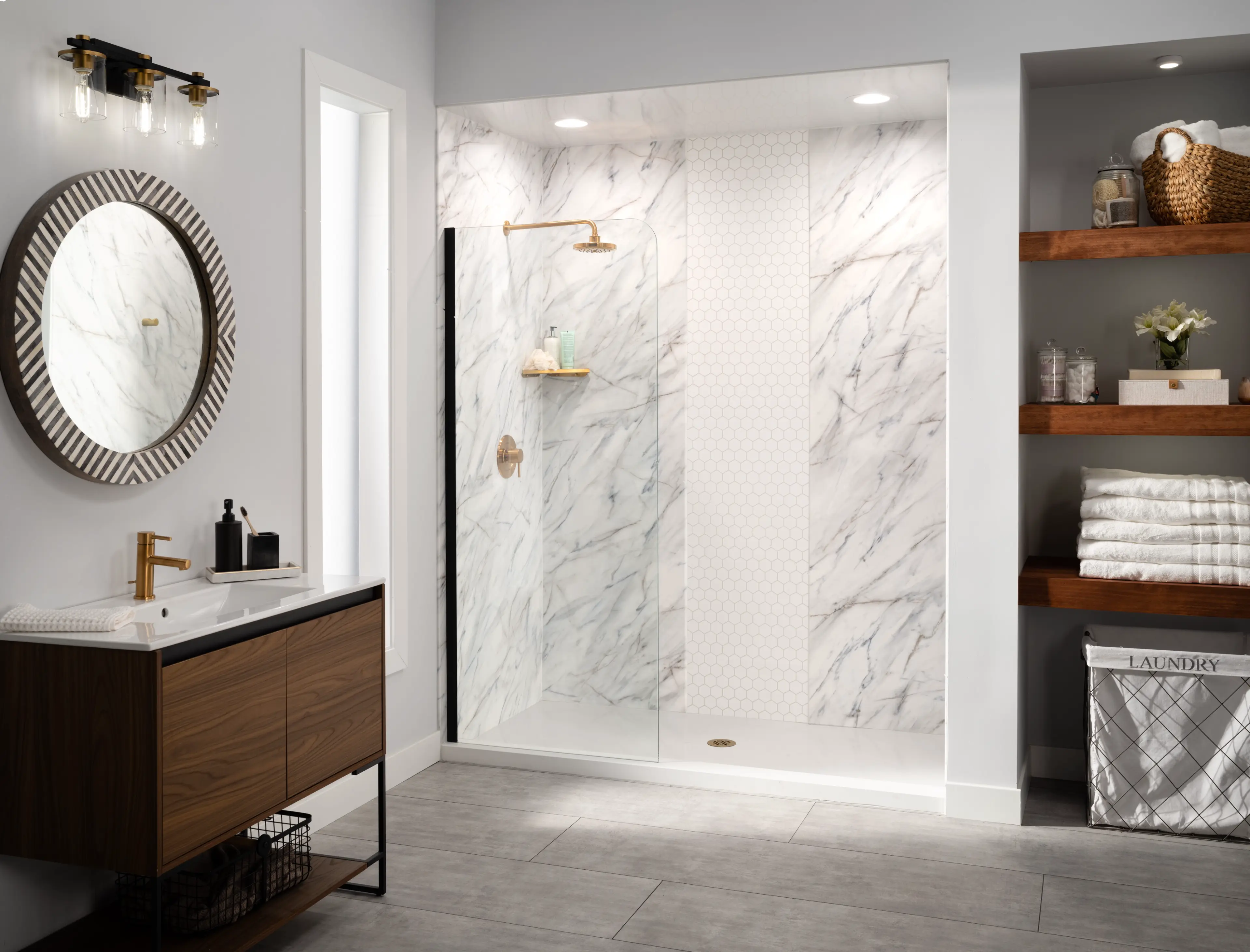 Modern marble walk-in shower conversion by Bath Planet of Metro NY