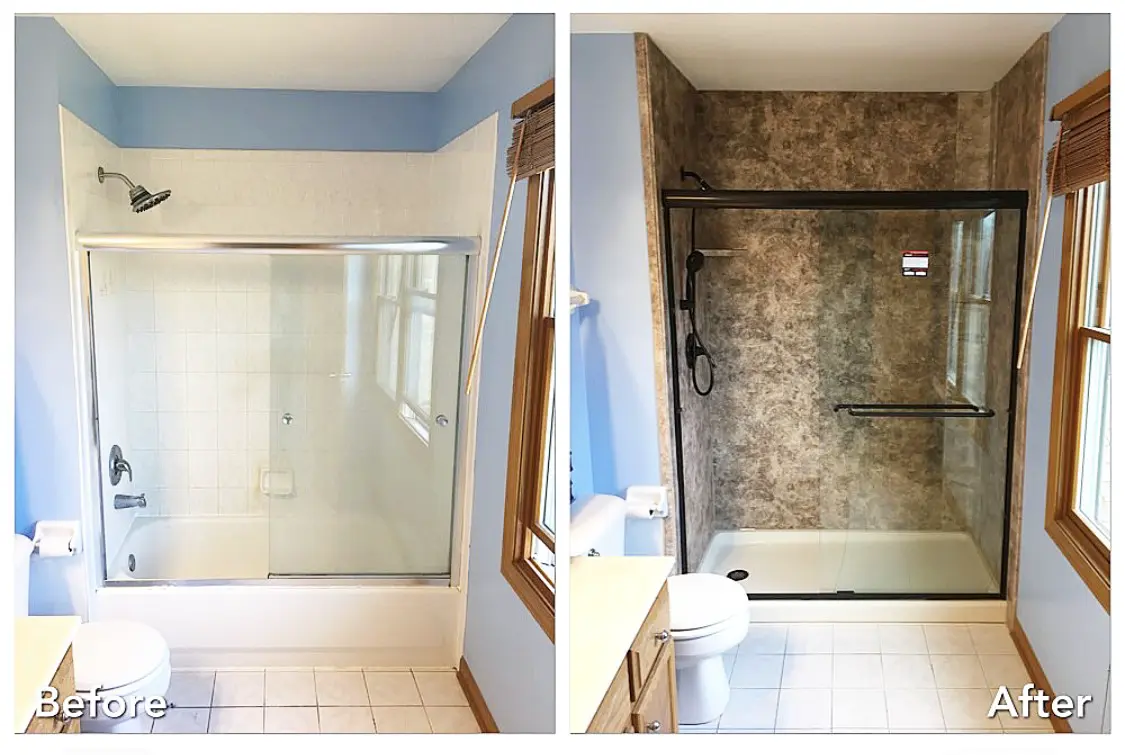 Blue bathroom tub converted to stone accent shower in Smithtown — before and after