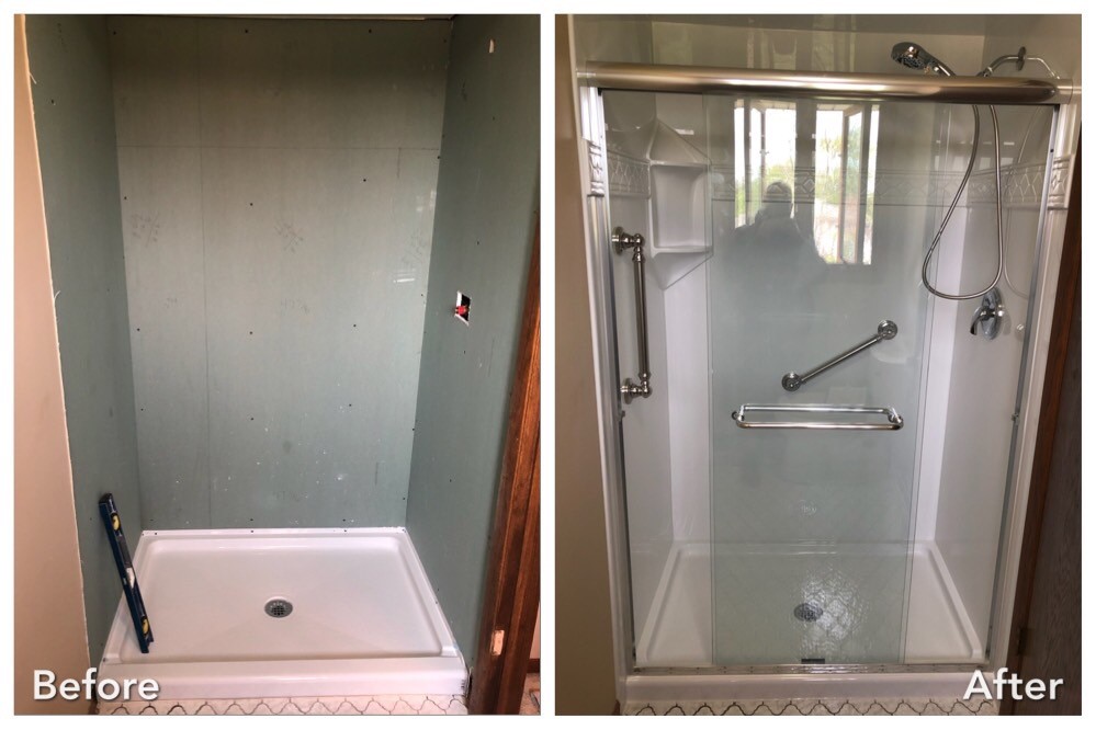 Before and after: Bare Shower Pan to Glass Grab Bar Shower in Oakdale, Suffolk County