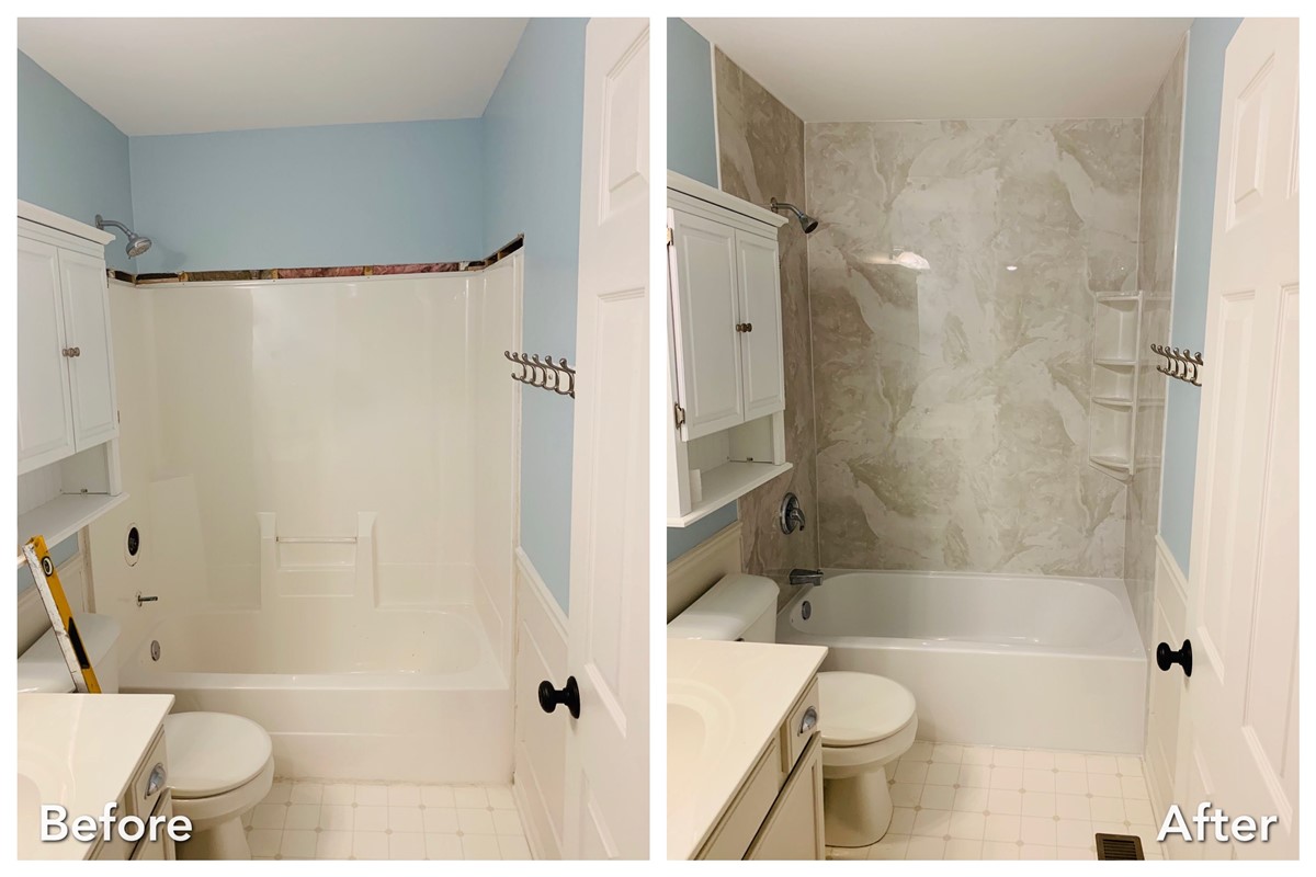 Before and after: Blue Bath to Marble Tub in Stewart Manor, Nassau County
