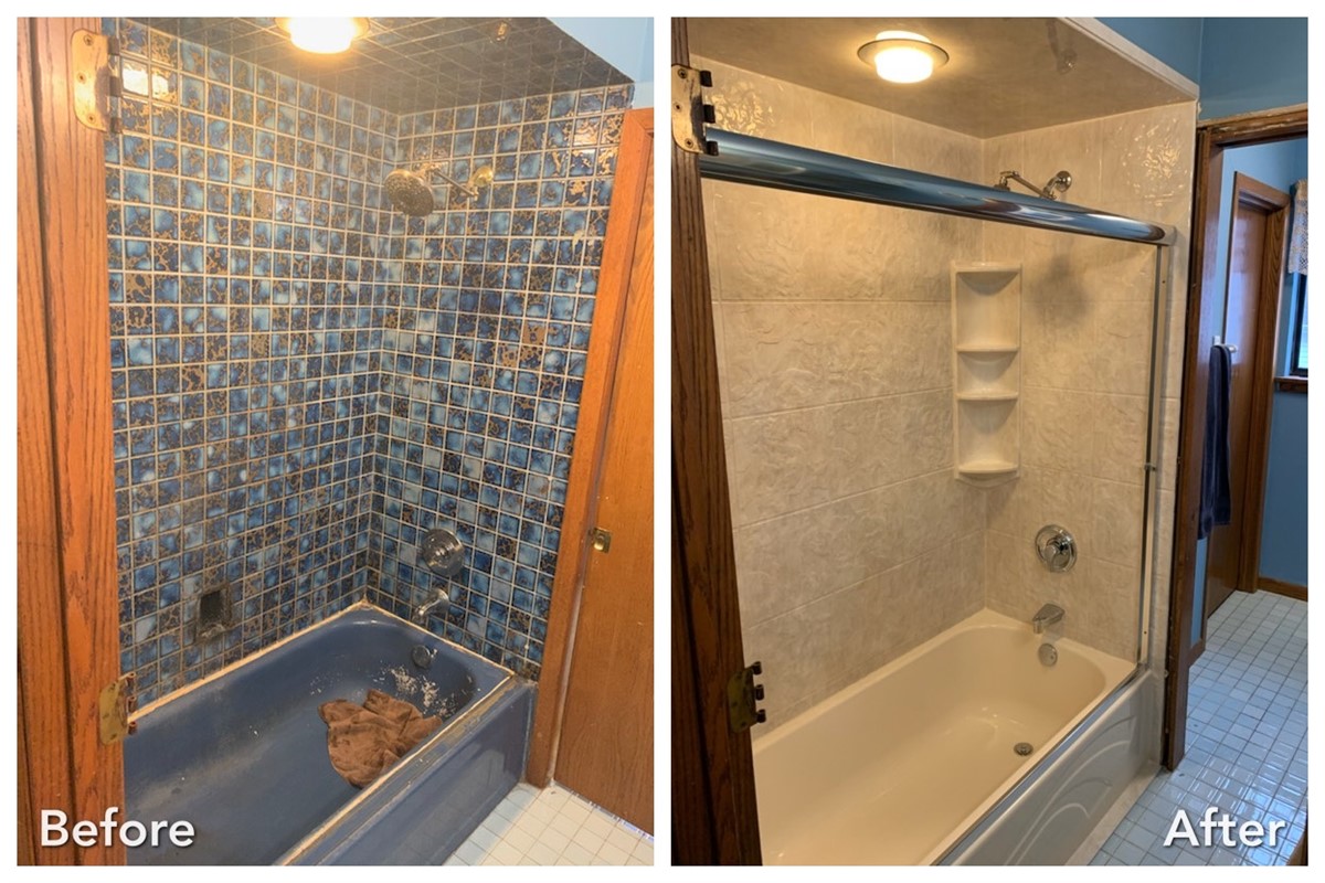 Before and after: Blue Mosaic to Marble Tub in Oakdale, Suffolk County
