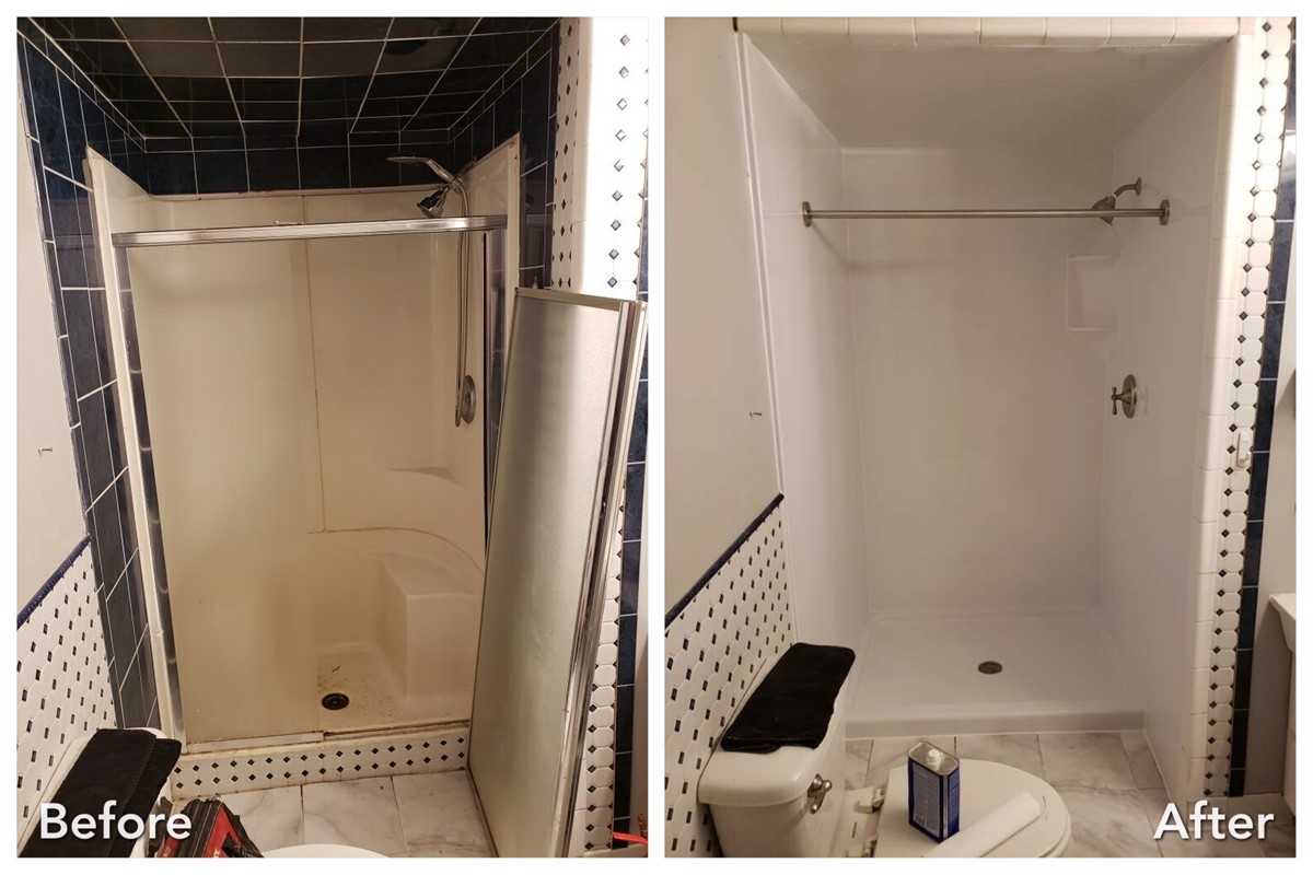 Before and after: Blue Tile Stall to White Open Shower in West Babylon, Suffolk County