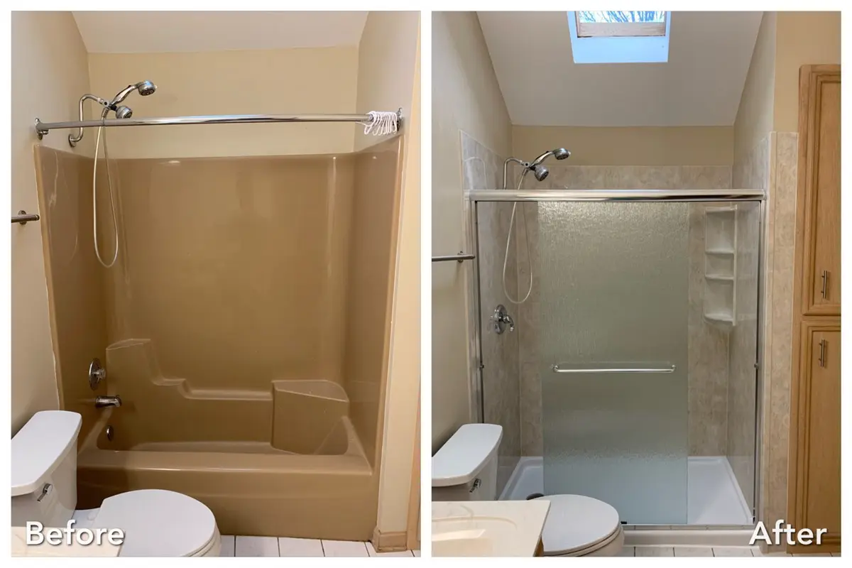 Before and after: Brown Tub to Stone Glass Shower in Locust Valley, Nassau County