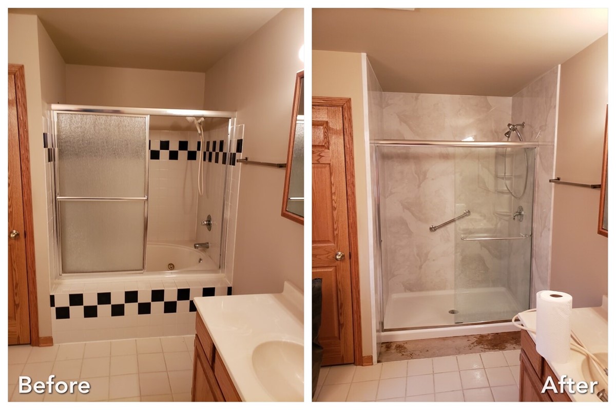 Before and after: Checkerboard Tub to Marble Shower in Uniondale, Nassau County