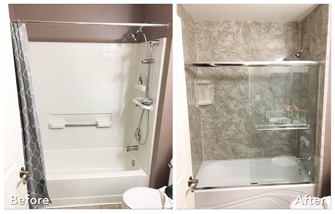 Before and after: Curtain Tub to Marble Glass Surround in Cedarhurst, Nassau County