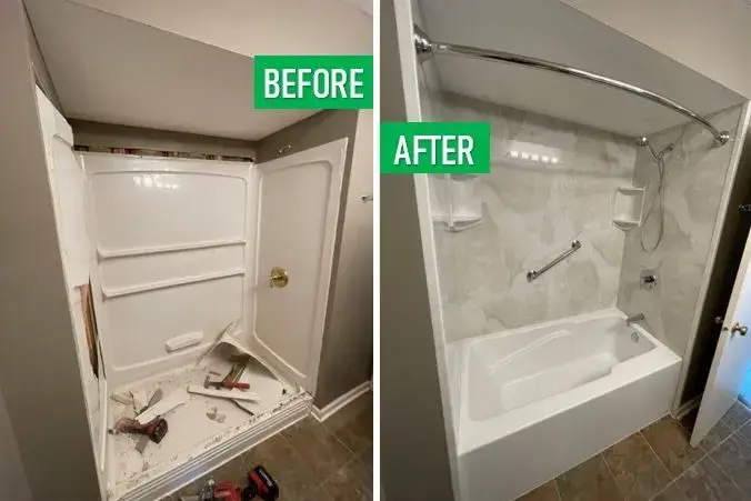 Before and after: Damaged Shower to Marble Tub in Baldwin, Nassau County