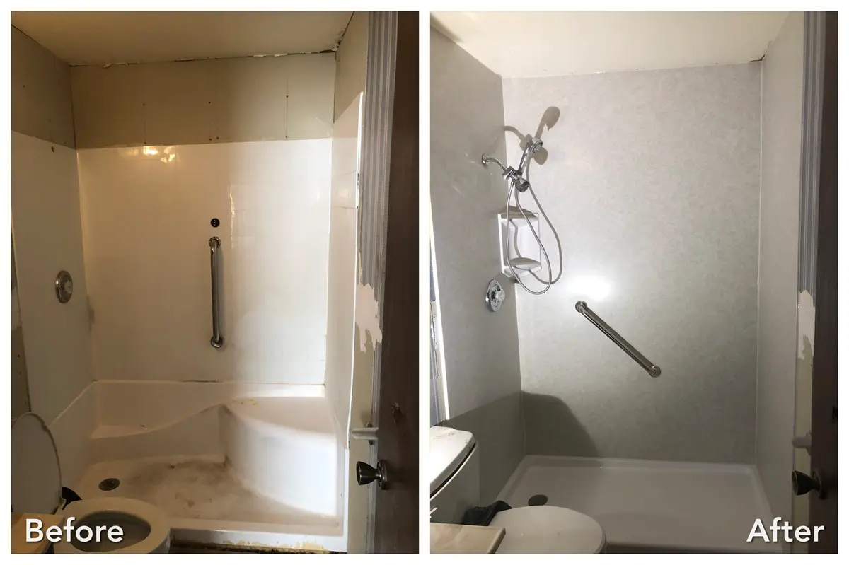 Before and after: Damaged Tub to Stone Shower with Grab Bar in Mastic, Suffolk County