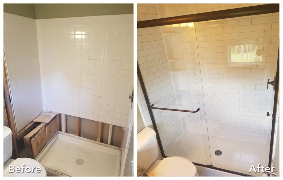 Before and after: Damaged Tub to Subway Tile Glass Shower in Mineola, Nassau County
