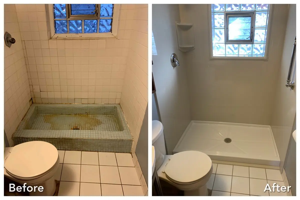 Before and after: Dirty Basin to Clean Shower Pan in North Massapequa, Nassau County