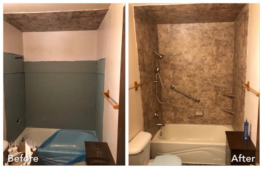 Before and after: Blue Tub to Stone Surround with Grab Bars in North Babylon, Suffolk County