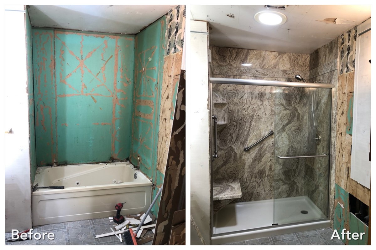 Before and after: Gutted Green Wall to Stone Glass Shower in Ridge, Suffolk County