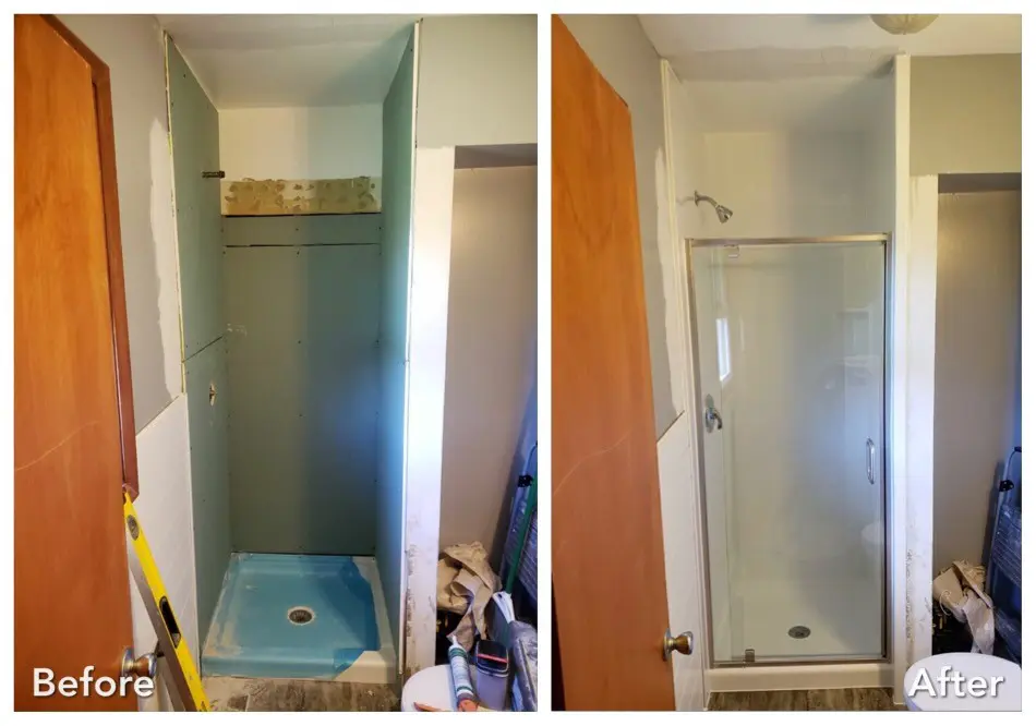 Before and after: Gutted Stall to Glass Shower in Albertson, Nassau County