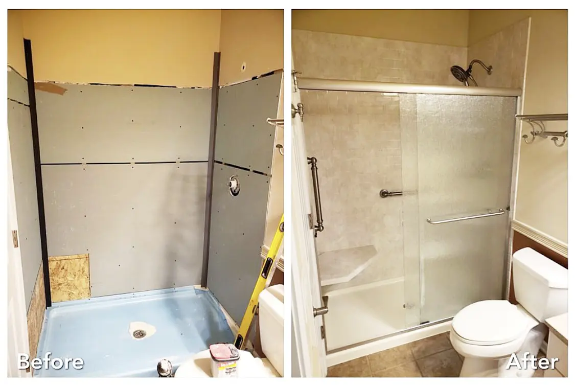 Before and after: Gutted Stall to Stone Glass Shower with Bench in Mount Sinai, Suffolk County
