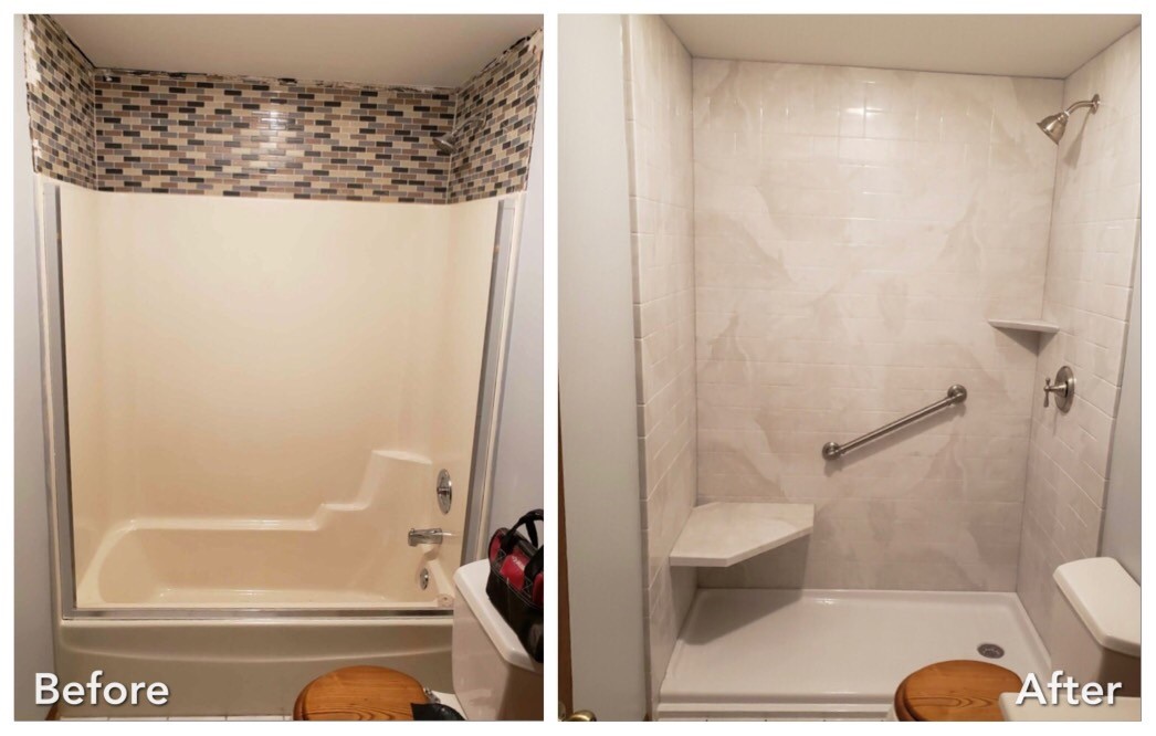 Before and after: Mosaic Tub to Shower with Bench in West Hempstead, Nassau County
