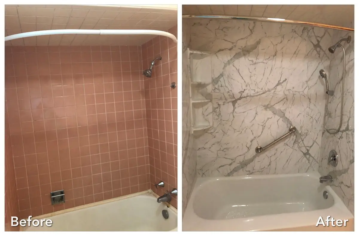 Before and after: Pink Tile to Marble Tub Surround in Elmont, Nassau County