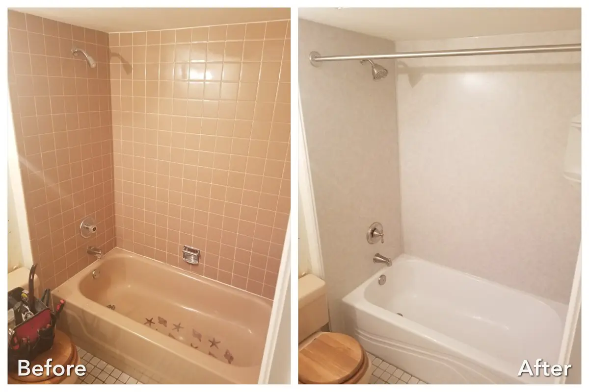 Before and after: Pink Tile Tub to White Tub Surround in Elmont, Nassau County