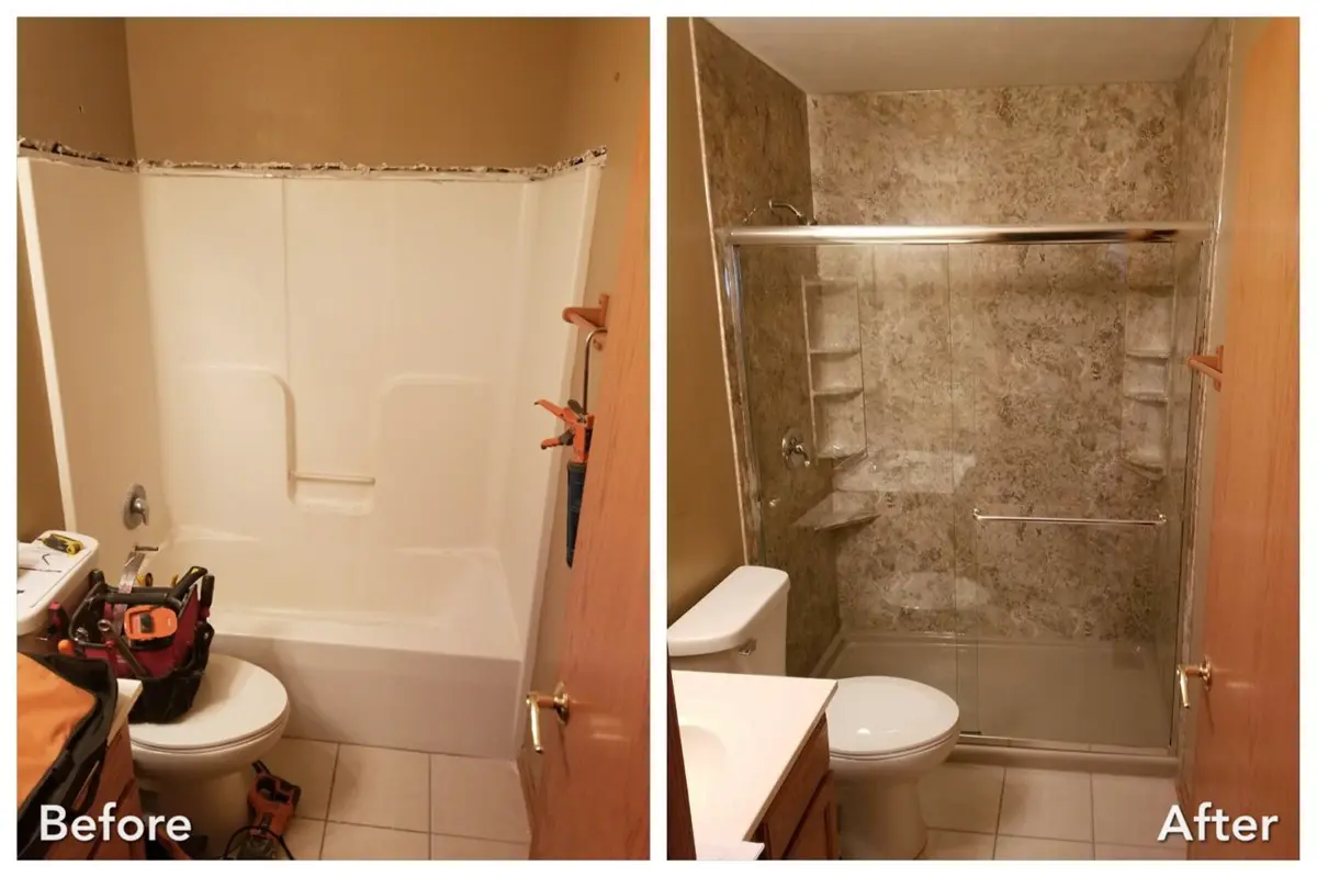 Before and after: Demolished Tub to Stone Glass Surround in Merrick, Nassau County