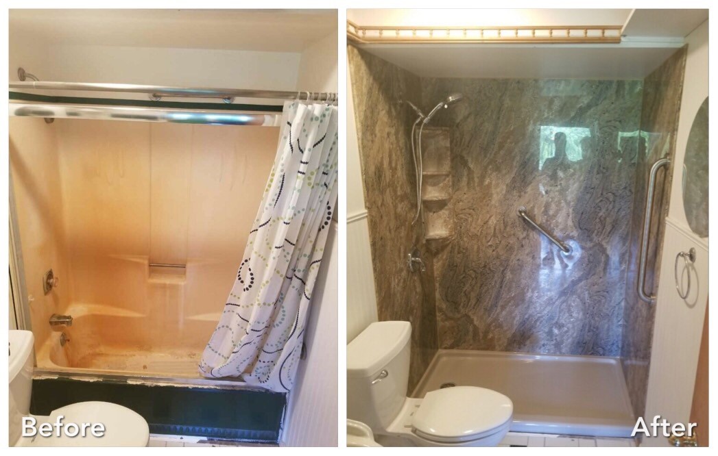 Before and after: Stained Tub to Stone Shower in Salisbury, Nassau County