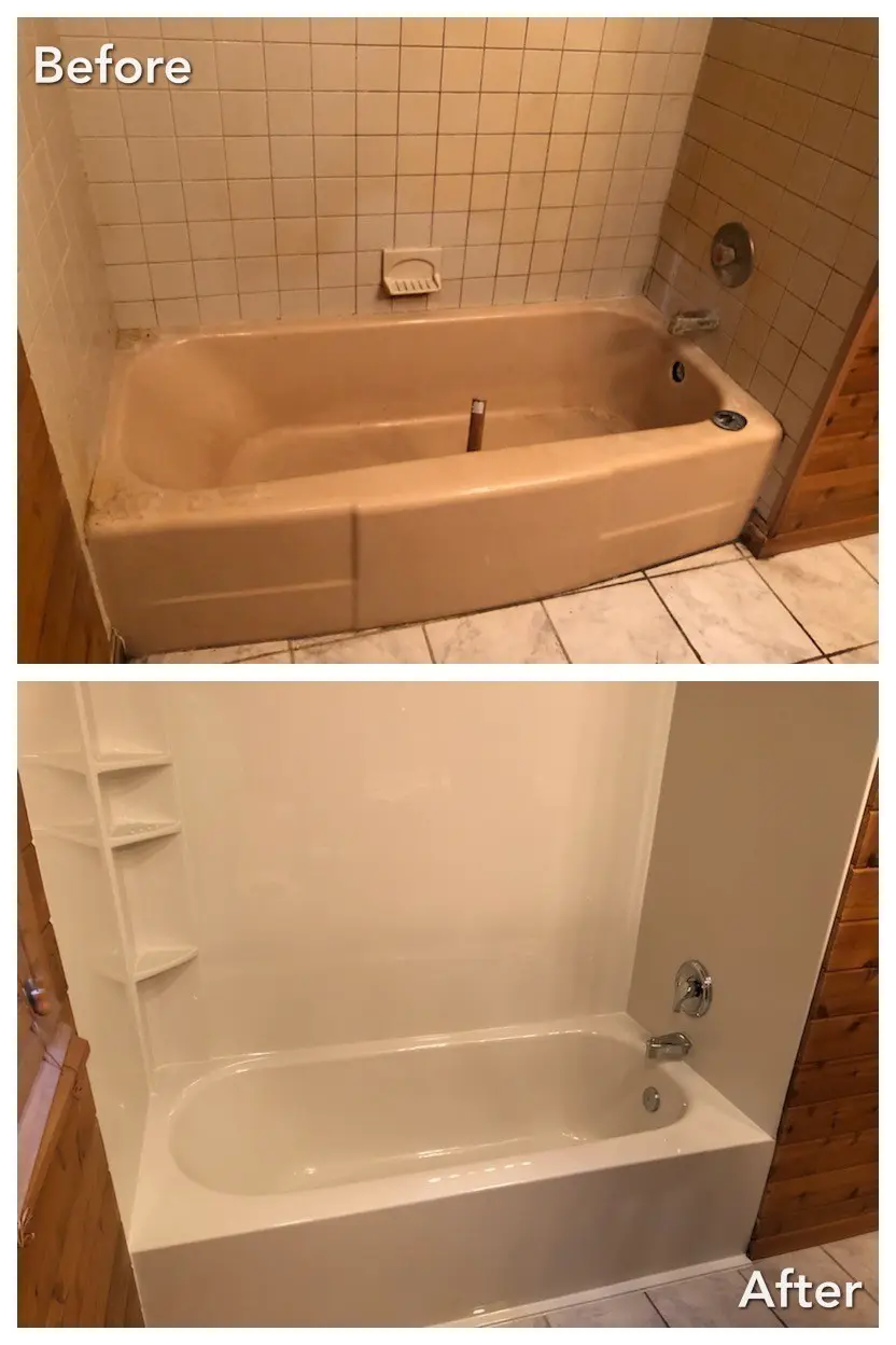 Before and after: Tan Tub to White Tub with Shelving in Point Lookout, Nassau County
