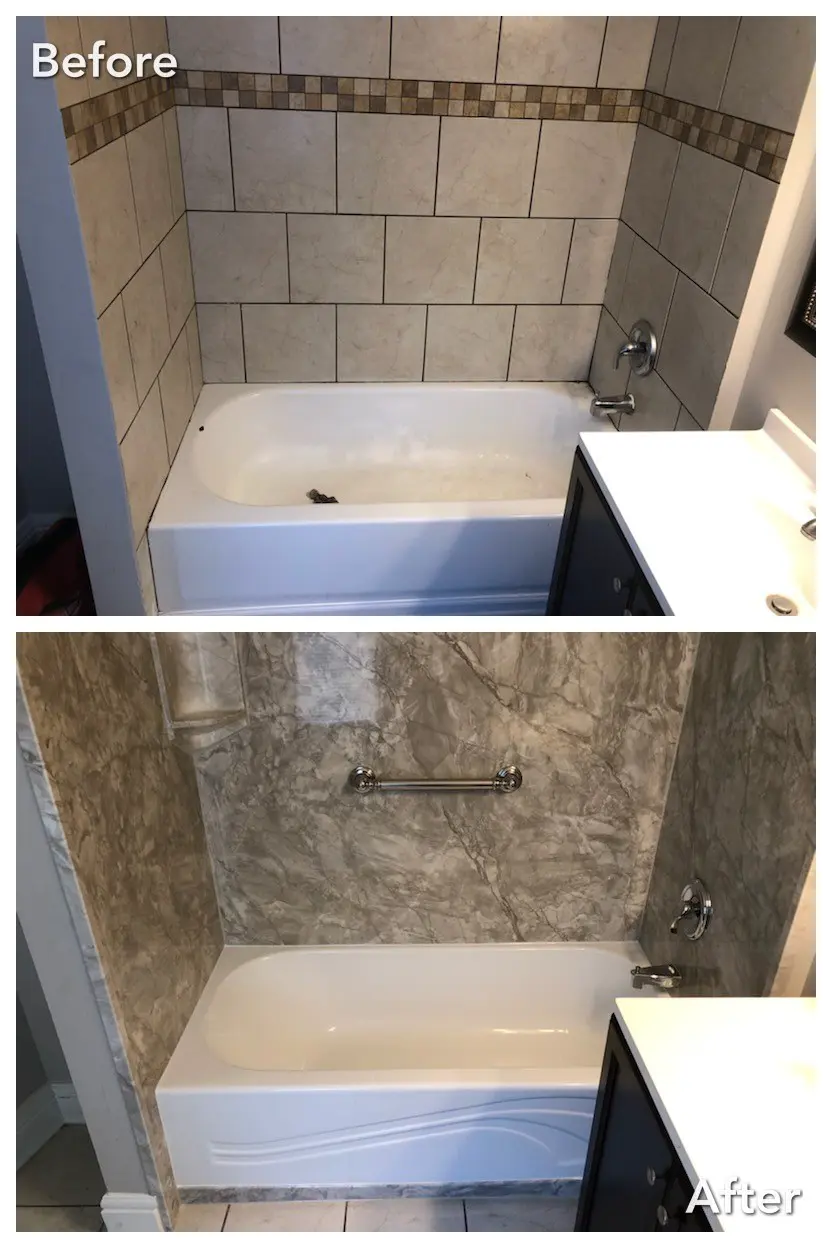 Before and after: Decorative Tile Tub to Stone Surround in North Valley Stream, Nassau County