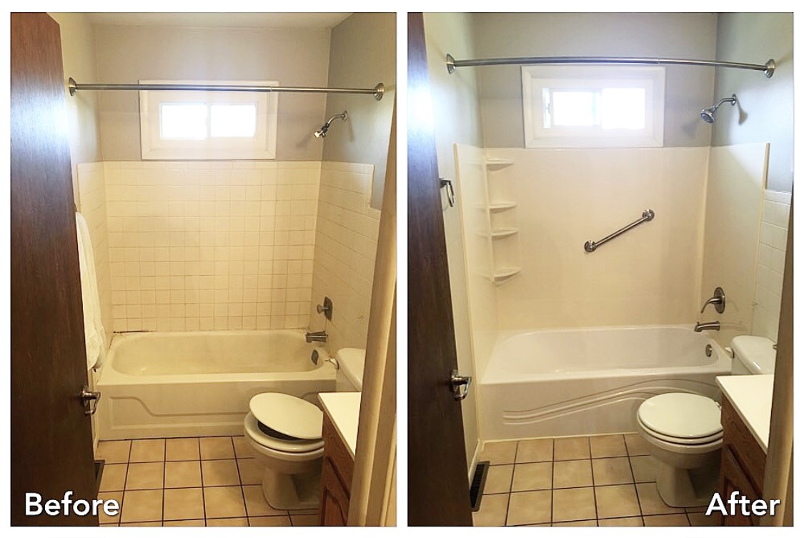 Before and after: Tile Tub to White Surround with Grab Bar in South Farmingdale, Nassau County