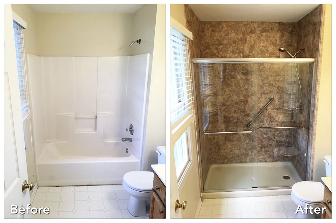 Before and after: Tub-to-Stone Walk-In Shower in Amityville, Suffolk County