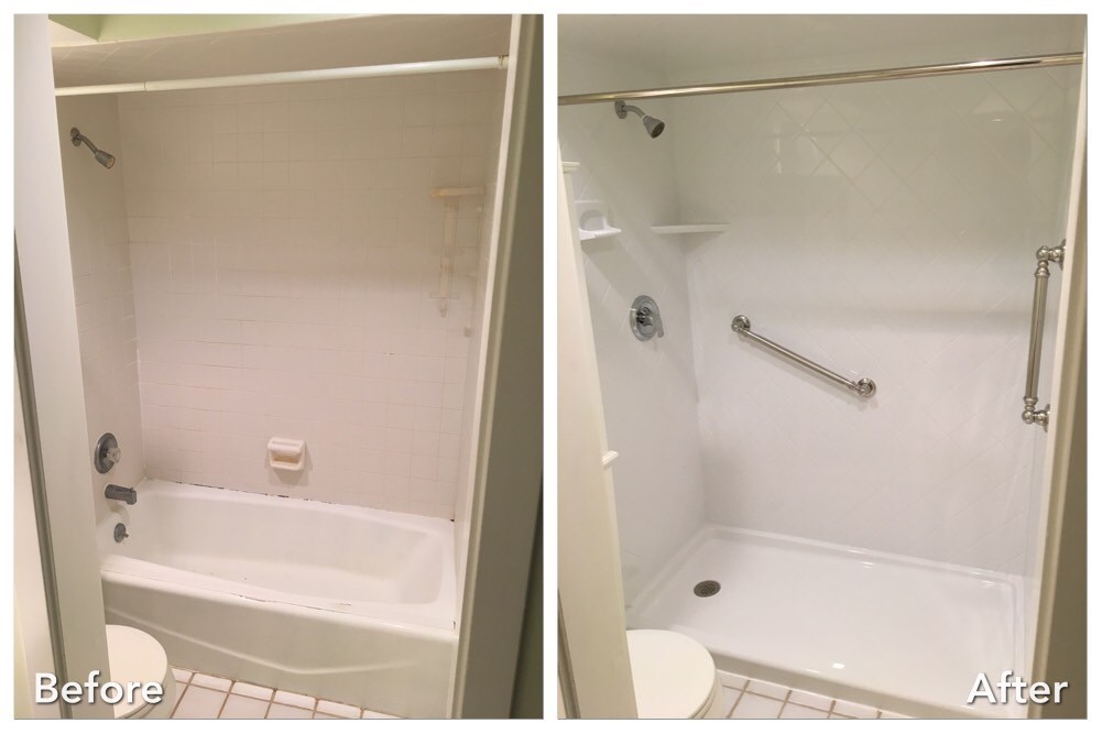 Before and after: Tub-to-White Shower with Grab Bar in Old Bethpage, Nassau County