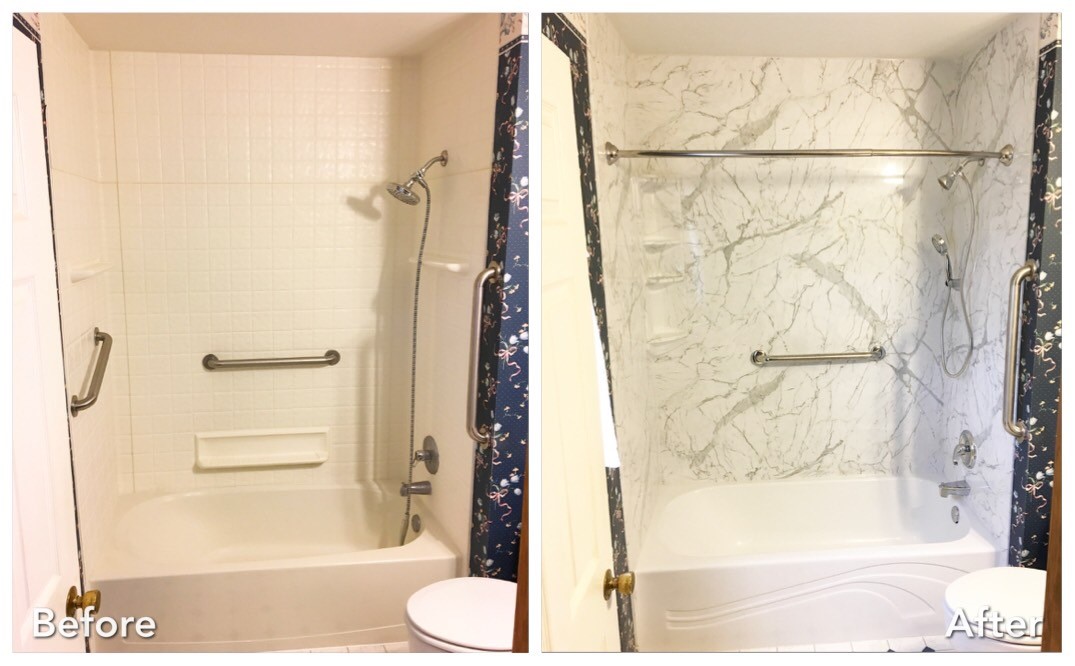 Before and after: White Tile to Marble with Grab Bars in Woodbury, Nassau County