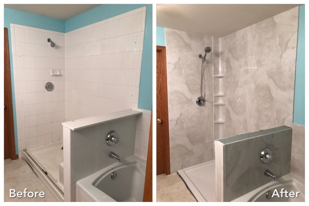 Before and after: White Tile Tub to Marble Surround with Shelving in New Hyde Park, Nassau County